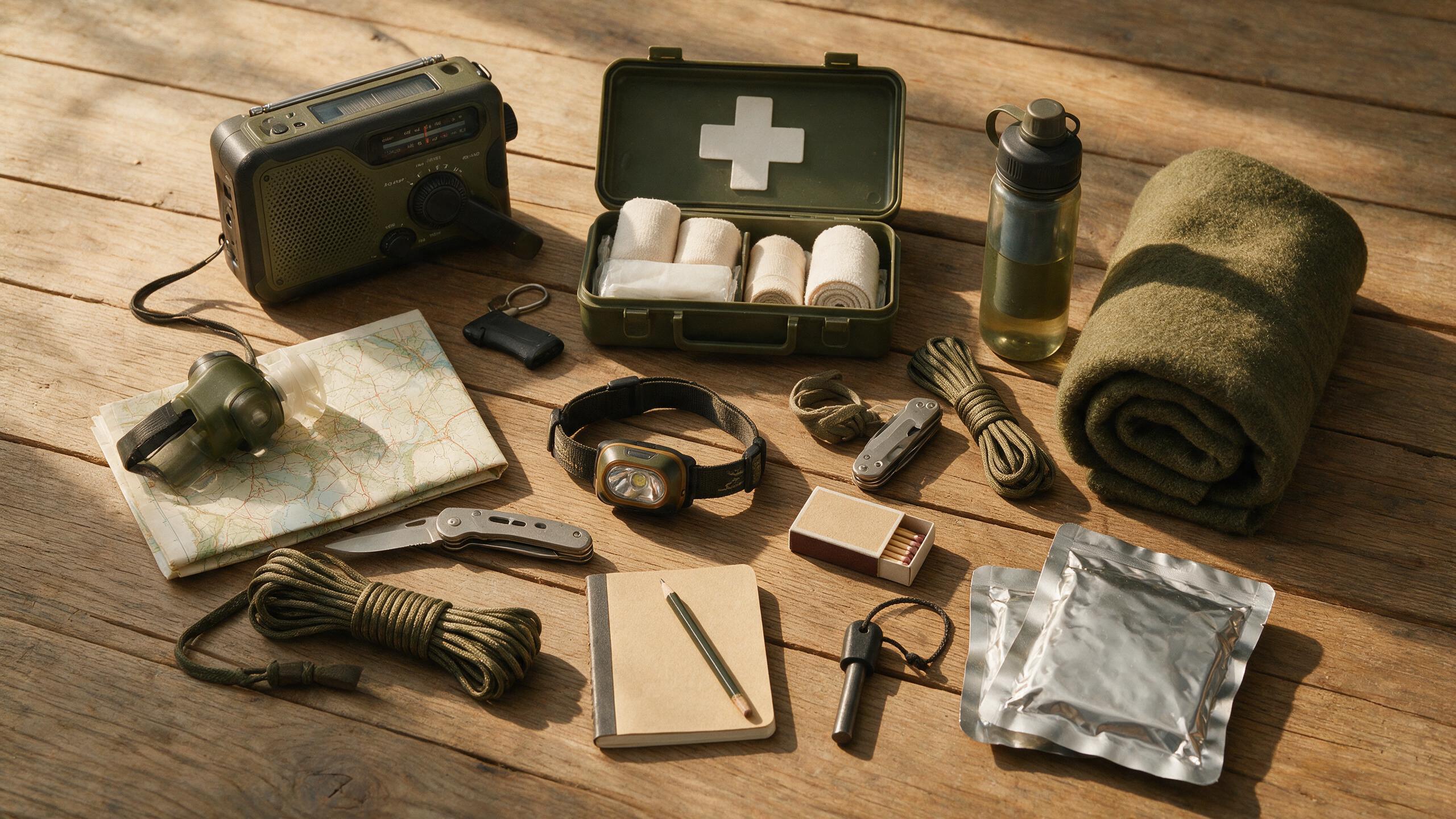 Practical household preparedness items laid out on a wooden surface: hand-crank radio, first aid kit, water filter bottle, map, headlamp, paracord, multi-tool, matches, blanket, notebook