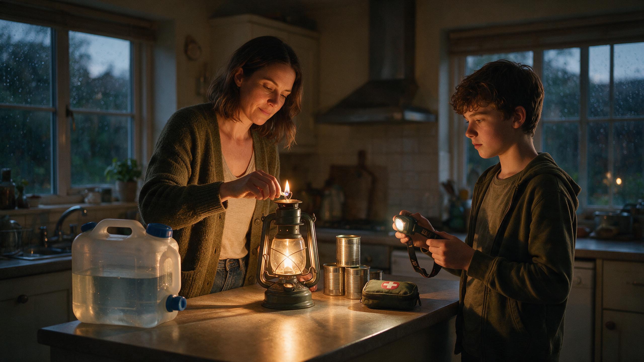 A woman lighting a lantern in a suburban kitchen during a power cut while a teenager holds a headlamp