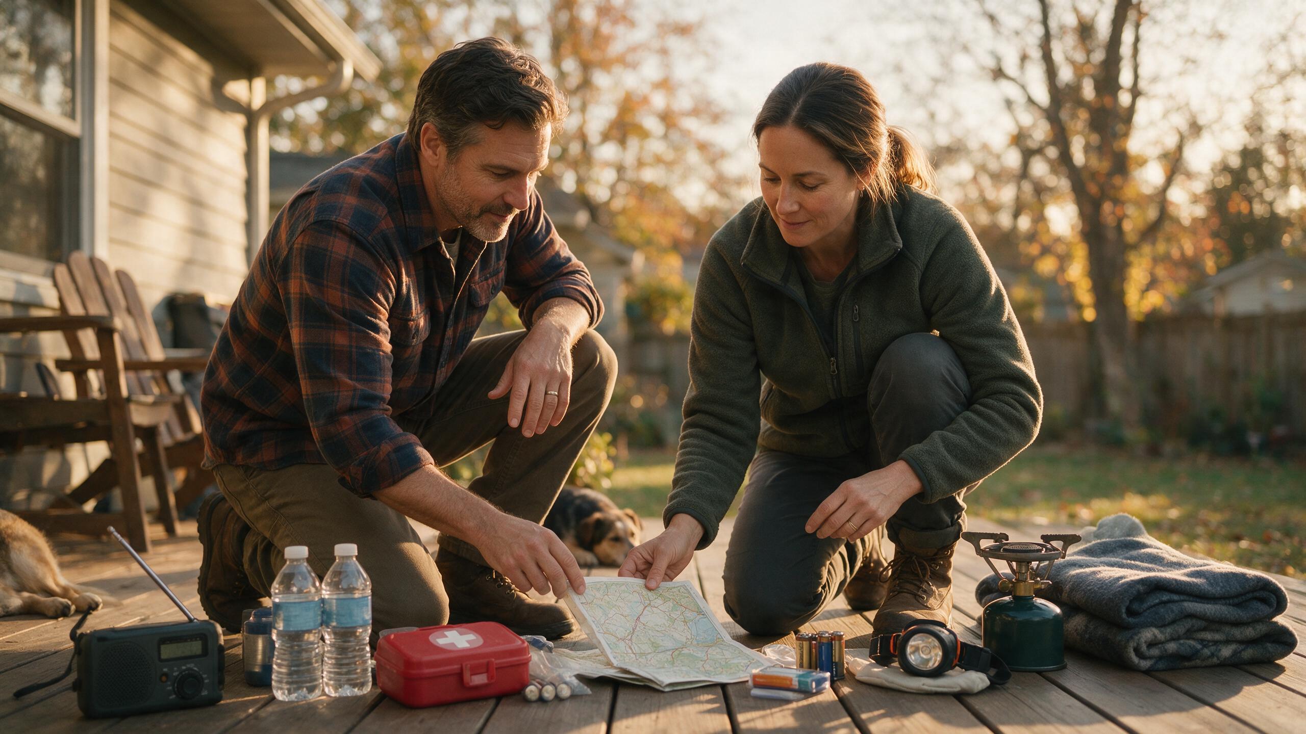 A couple sorting practical household emergency supplies on their back porch in late afternoon light